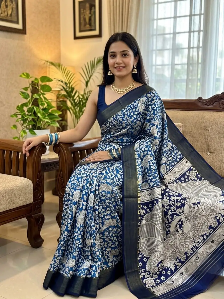 Indigo Blue Floral Jaal Kalamkari Linen Cotton Saree